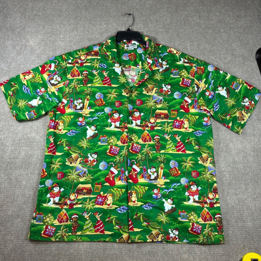 Aloha Republic Mens 2XL Christmas Hawaiian Shirt Green Surfing Snowman Tiki USA